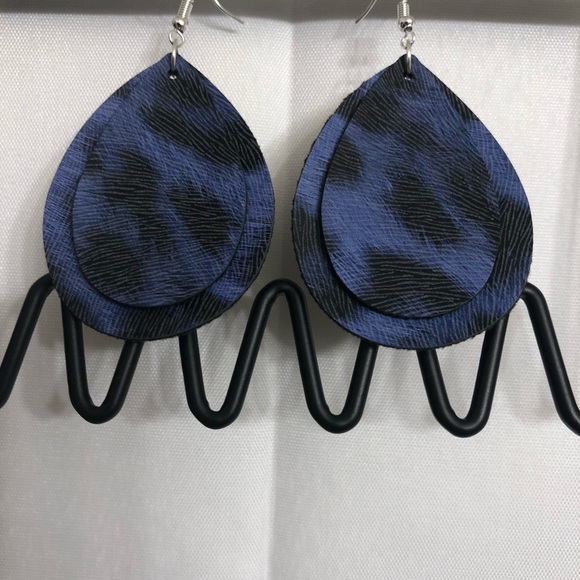 Blue Animal Print Leather Teardrop Earrings - Picture 2 of 4